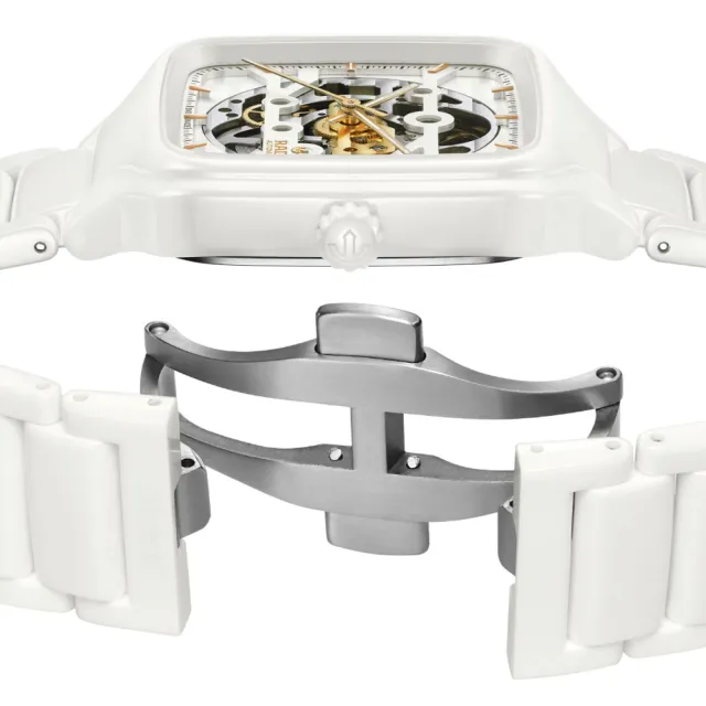 【Rado 雷達表】True Square真我系列 高科技陶瓷方形鏤空 雙層錶盤機械腕錶-白 R05(R27126012 防水50米)