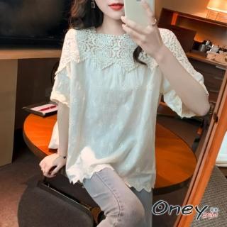 【ONEY 歐妮】★舒適時尚蕾絲寬鬆雪紡衫(春夏/圓領/短袖/上衣)
