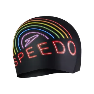 【SPEEDO】成人矽膠泳帽 Printed(黑/彩虹)