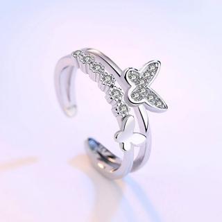 【I.Dear Jewelry】正白K-蝶戀物語-蝴蝶晶鑽造型可調節開口銀戒指(INS風/韓劇)