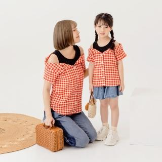 【OB 嚴選】假兩件純棉格紋開襟排扣翻領露肩女童上衣親子款童裝 《QA1661》