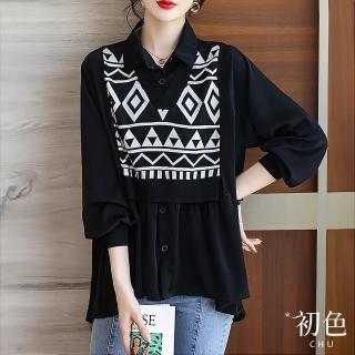 【初色】假兩件寬鬆遮肚拼接圖形印花翻領七分長袖襯衫上衣-黑色-70170(M-2XL可選)
