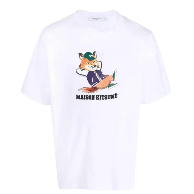 【Maison Kitsune】翹腳狐狸印花LOGO 白色 棉質 圓領 短袖 T-SHIRT(KM00103KJ0008P100)