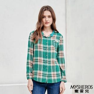 【MYSHEROS 蜜雪兒】純棉襯衫上衣 經典格紋 可愛小兔口袋裝飾 翻領排釦(綠)