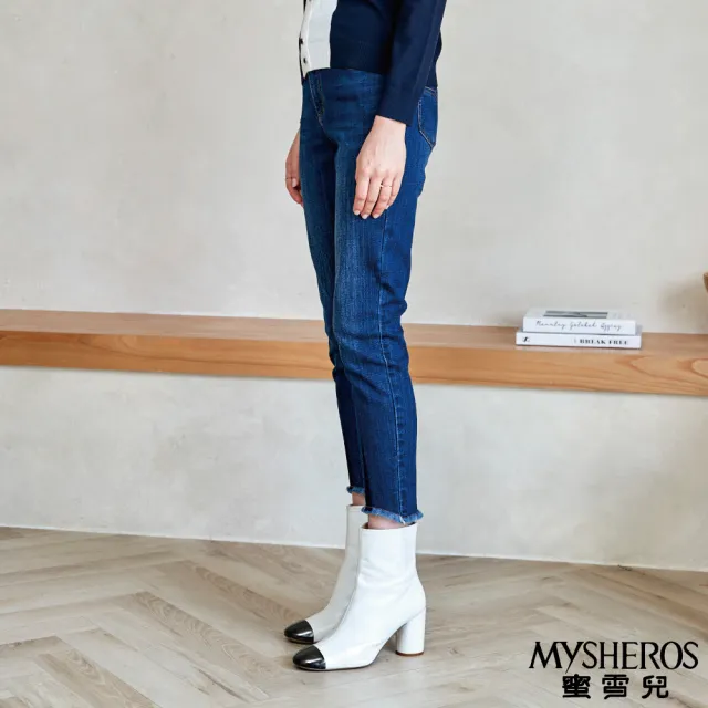 【MYSHEROS 蜜雪兒】牛仔長褲 高含棉面料 抓鬚褲口設計 前釦拉鍊(藍)