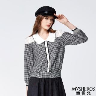 【MYSHEROS 蜜雪兒】翻領上衣 格紋蕾絲拚接 愛心鑽飾 後下擺鬆緊 縮口袖設計(黑)