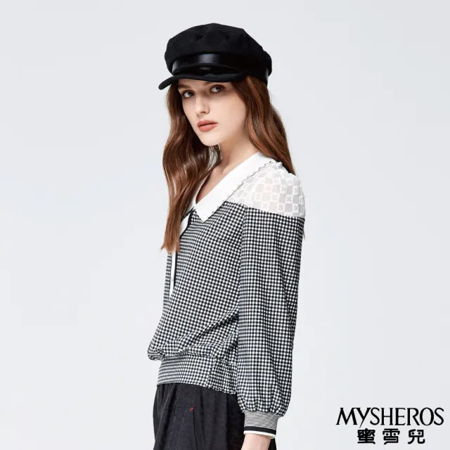【MYSHEROS 蜜雪兒】翻領上衣 格紋蕾絲拚接 愛心鑽飾 後下擺鬆緊 縮口袖設計(黑)