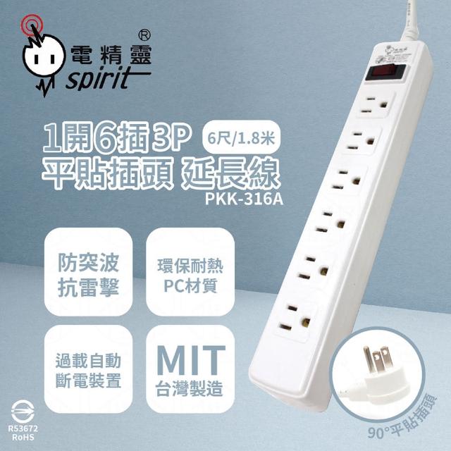 【電精靈spirit】2入組 台灣製造 PKK-316A 6尺 1.8米 1開6插 3P 插座 平貼插頭 電腦延長線