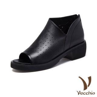 【Vecchio】真皮休閒鞋 粗跟休閒鞋/全真皮頭層牛皮透氣沖孔魚口露趾復古粗跟休閒鞋(黑)