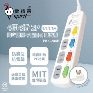 【電精靈spirit】2入組 台灣製造 PKK-244B 9尺 2.7米 4開4插 2P 平貼插頭 電腦延長線