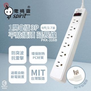 【電精靈spirit】臺灣製造 PKK-316B 9尺 2.7米 1開6插 3P 插座 平貼插頭 電腦延長線