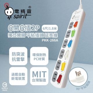 【電精靈spirit】臺灣製造 PKK-266A 6尺 1.8米 6開6插 2P 平貼插頭 電腦延長線