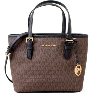 【Michael Kors】JET SET TRAVEL金字LOGO滿版小款手提斜背托特包(深咖啡)