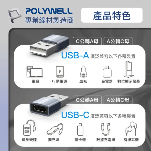 【POLYWELL】USB3.0 Gen1 A公轉C母 轉接頭 /鋁殼 /灰色