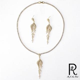【RJ New York】孔雀羽毛流蘇水鑽高雅項鍊耳環二件組(2色可選)