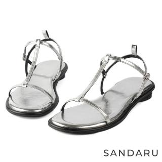 【SANDARU 山打努】涼鞋 工字細帶低跟圓跟涼鞋(銀)