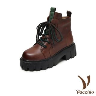 【Vecchio】真皮短靴 粗跟短靴/全真皮頭層牛皮復古撞色繫帶粗跟短靴(棕)