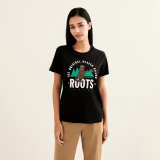 【Roots】Roots女裝-動物派對系列 卡通海狸純棉短袖T恤(黑色)
