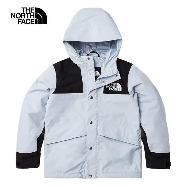 【The North Face 官方旗艦】北面兒童黑淺藍拼接DryVent防水透氣連帽衝鋒衣｜8742LPI(外套)