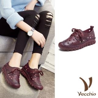 【Vecchio】真皮休閒鞋 厚底休閒鞋/全真皮頭層牛皮手工縫線復古洞洞縷空厚底休閒鞋(酒紅)