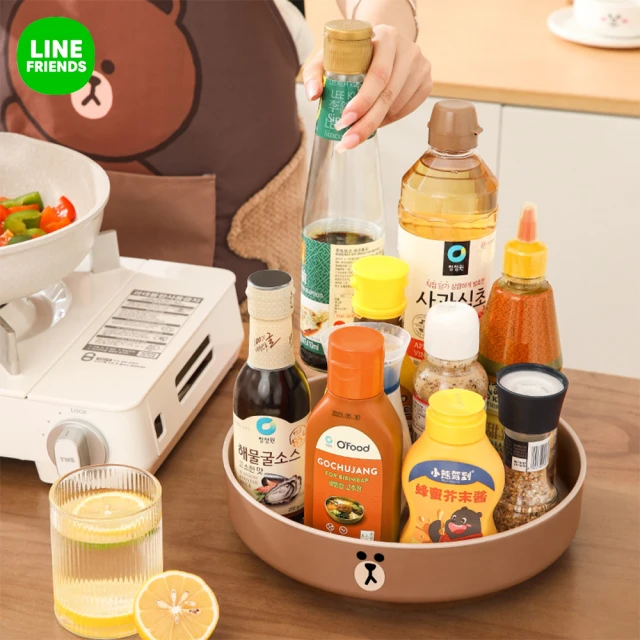 LINE FRIENDS 熊大莎莉旋轉調味料收納架(廚房調味料架 化妝品收納架 水果托盤)