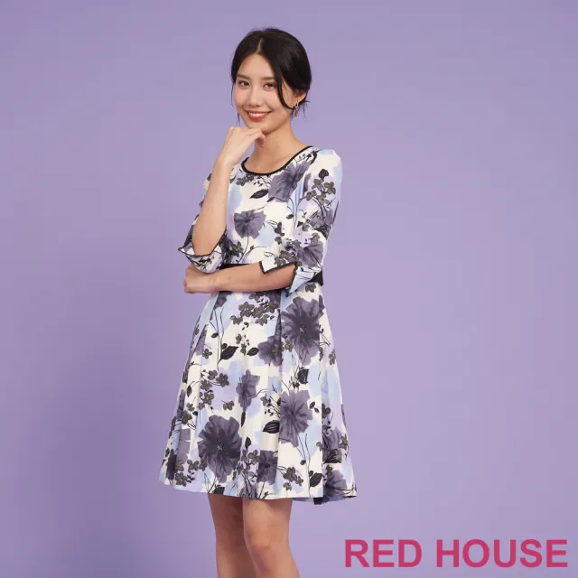 【RED HOUSE 蕾赫斯】蝴蝶結剪接花朵洋裝(共2色)