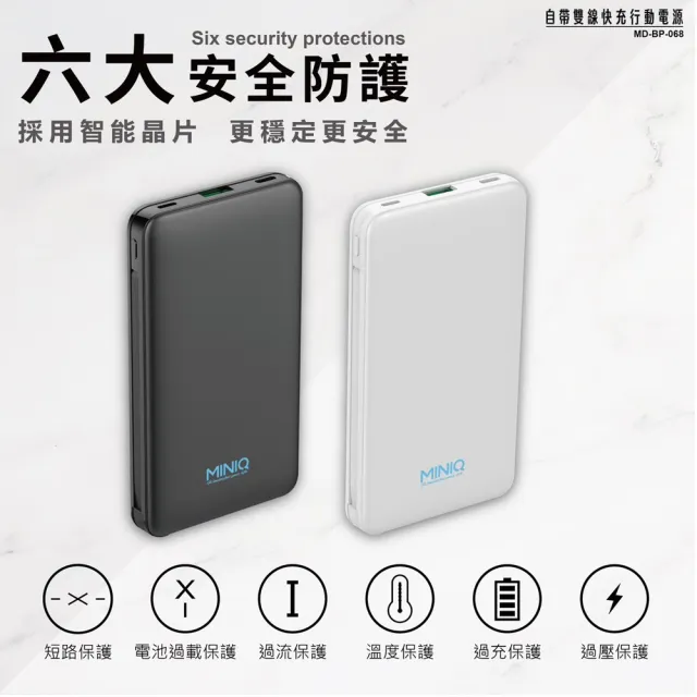 【MINIQ】MD-BP-068 10000mAh 20W 三輸出快充版 自帶雙線 Lightning/Type-C(台灣製造)