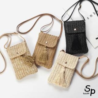 【Sp house】自然主義草編流蘇單肩斜背女用手機包(6色可選)