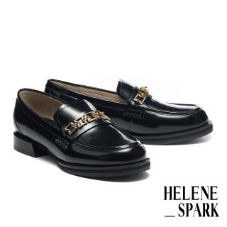 【HELENE SPARK】復古知性方鍊微光感牛皮樂福低跟鞋(黑)