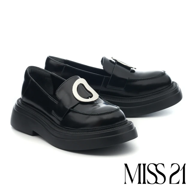 MISS 21MISS 21 復古學院風扭曲大釦微光感牛皮樂福大頭厚底鞋(黑)