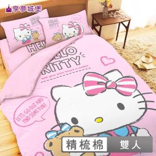 【享夢城堡】精梳棉雙人床包兩用被套四件組-HELLO KITTY 幸福小熊-粉