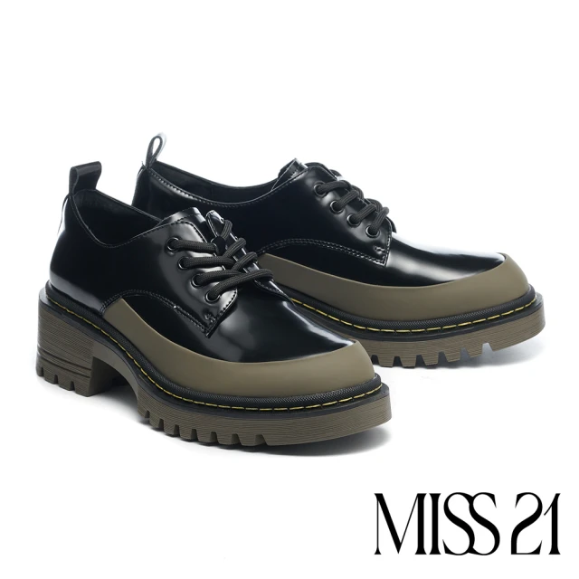 MISS 21MISS 21 率性復古開邊珠牛皮撞色拼接綁帶厚底鞋(黑)