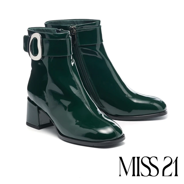 MISS 21MISS 21 復古時髦扭曲大釦牛漆皮方頭高跟短靴(綠)