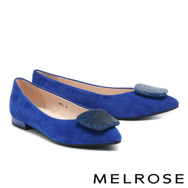 MELROSE 美樂斯 璀璨時髦晶鑽方釦羊麂皮尖頭低跟鞋(藍)