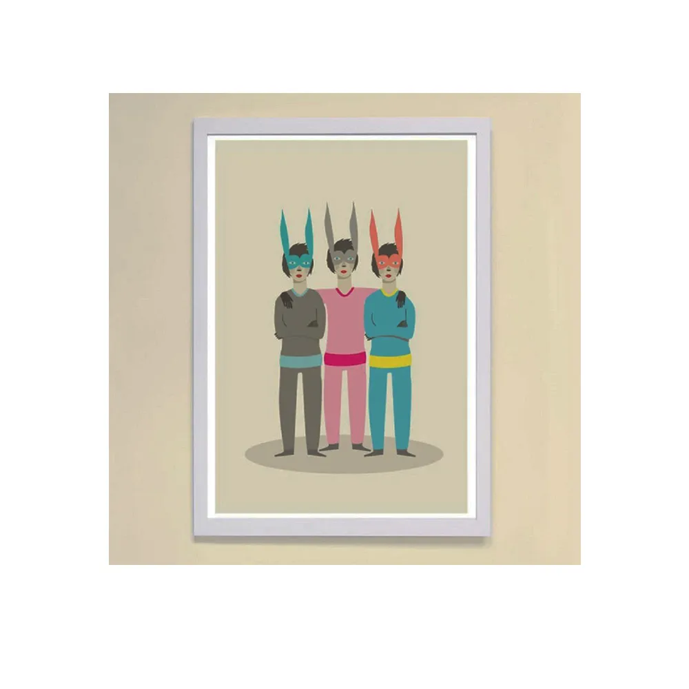 【摩達客】西班牙知名插畫家Judy Kaufmann藝術創作海報掛畫裝飾畫-三胞胎兔面具(附簽名 含木框)