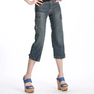 【BOBSON】女款低腰貼袋七分直筒褲(藍124-53)