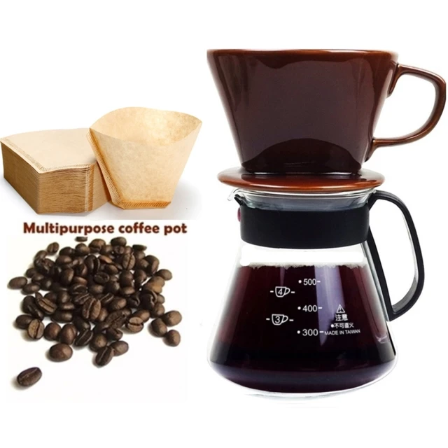 【咖啡沖泡組】小號陶瓷濾杯+台玻600ml咖啡壺x1-塑把 贈咖啡濾紙(3入隨機出貨)