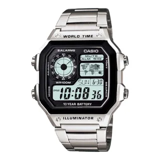 【CASIO 卡西歐】方形世界時間地圖不鏽鋼中性錶(AE-1200WHD)