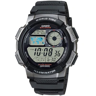 【CASIO 卡西歐】世界時間數位電子錶 藍地圖(AE-1000W-1B)