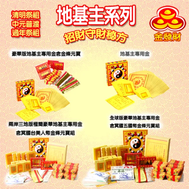 【金發財金紙】兩岸三地版極簡豪華地基主專用金含冥國台美人幣金條元寶組(金紙-4入組)