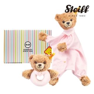 【STEIFF德國金耳釦泰迪熊】粉紅熊 安撫巾 手搖鈴(BABY禮盒)