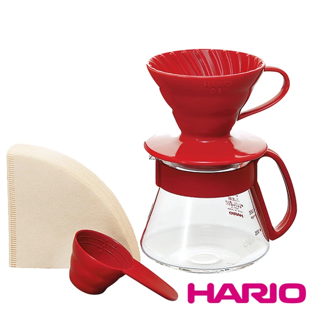 【HARIO】V60紅色濾杯咖啡壺組360ml(VDS-3012R)
