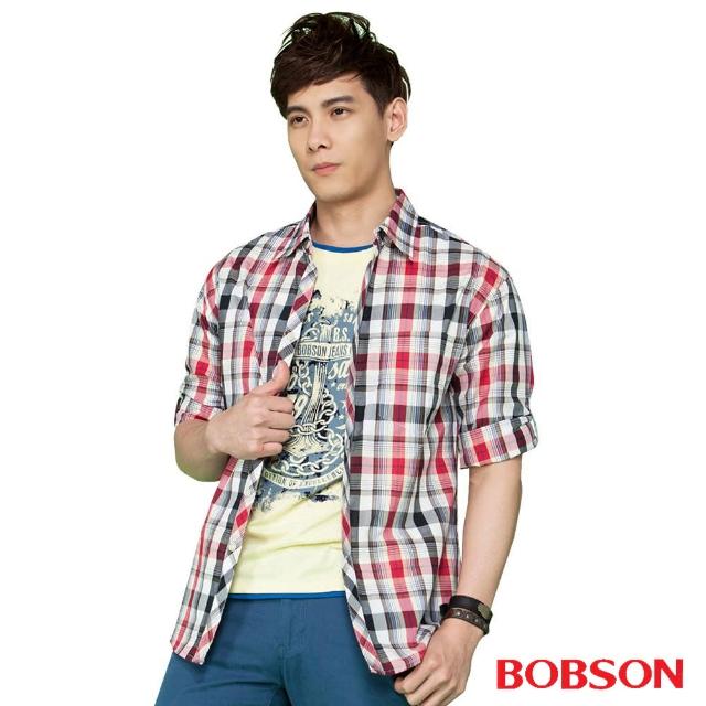 【BOBSON】男款七分袖腰身格紋襯衫(紅24004-13)