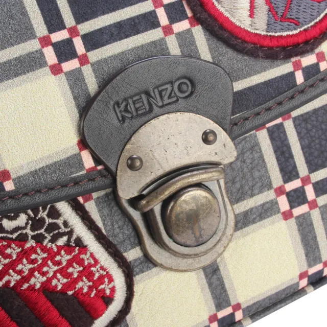 【KENZO】復古風拼布格紋織繡滑扣可提式零錢小包(藍灰色)