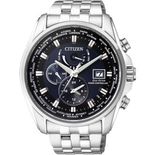 【CITIZEN】Eco-Drive 光動能電波三眼計時手錶-藍/44mm 送行動電源 開學(AT9031-52L)