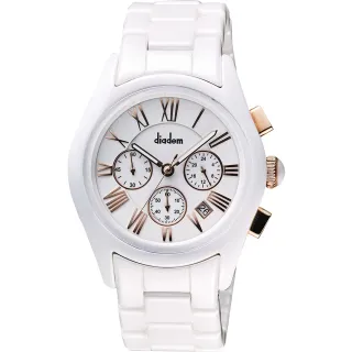 【Diadem】黛亞登羅馬三眼計時陶瓷手錶-白x玫塊金時標/44mm(2D1407-621RG-W)