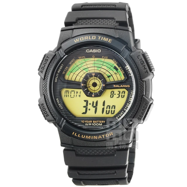 【CASIO】CASIO 日系卡西歐多時區鬧鈴電子膠帶錶-黑(AE-1100W-1B)