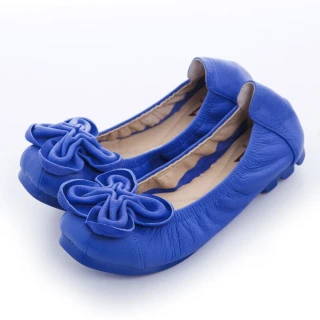 【DN】經典舒適 立體花朵造型牛皮彈性娃娃鞋(藍)
