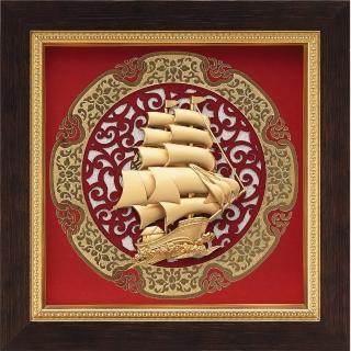 【開運陶源】純金 金箔畫 - 船 一帆風順(圓形窗花系列 21x21cm)