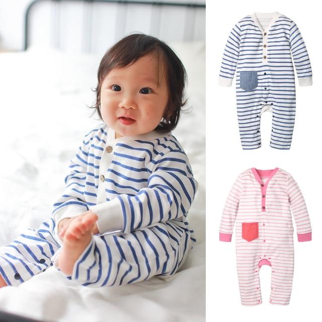 【baby童衣】簡約條紋前開扣長袖連身衣 70031(共2色)